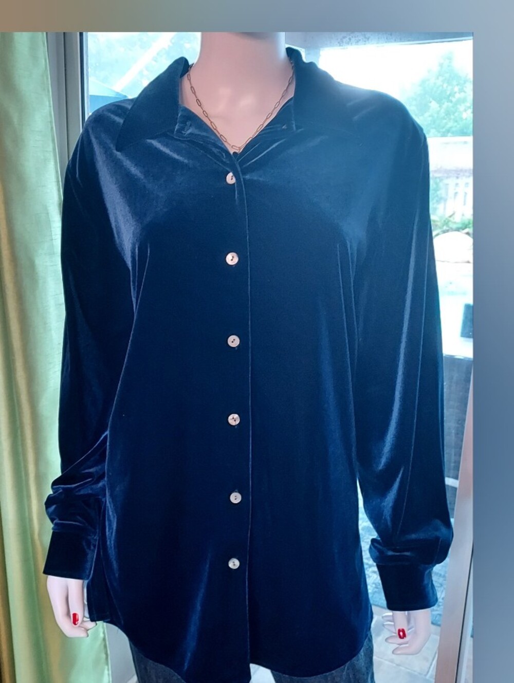 Denim & Co: Navy Velour Button-Front Stretch Fabric Overshirt. Sz L
